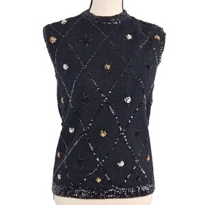 Marchessa International Vintage Black Sleeveless Sweater Women 36 Sequin Wool
